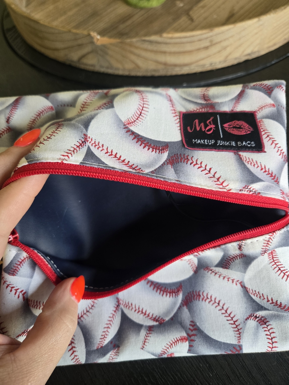 Makeup Junkie Bags Baseball Print Cosmetic Pouch - Red Trim - Picture 3 of 3